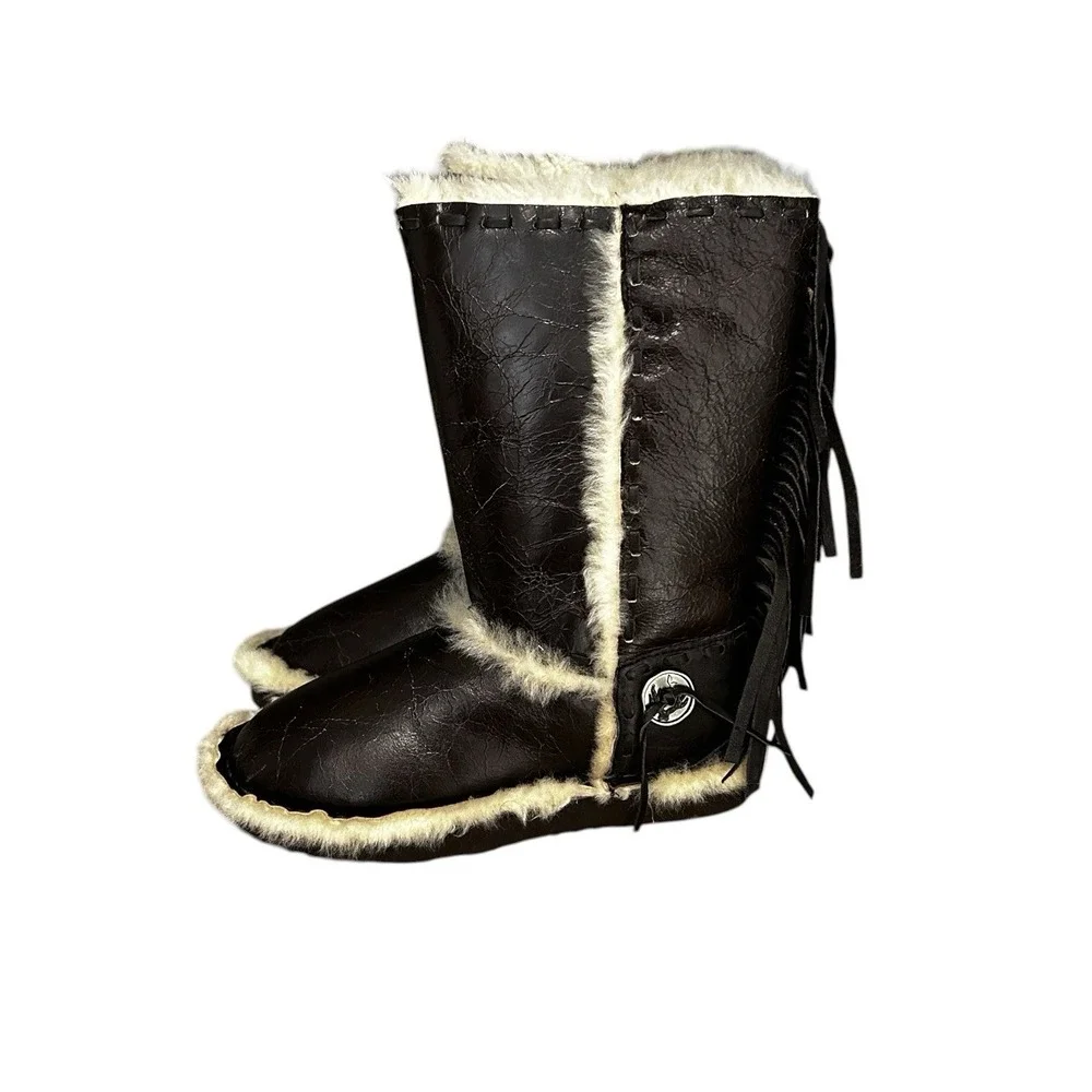 Koolaburra By UGG Sheepskin Fringe Boots Brown Fur Trim Sz 6 NWOB